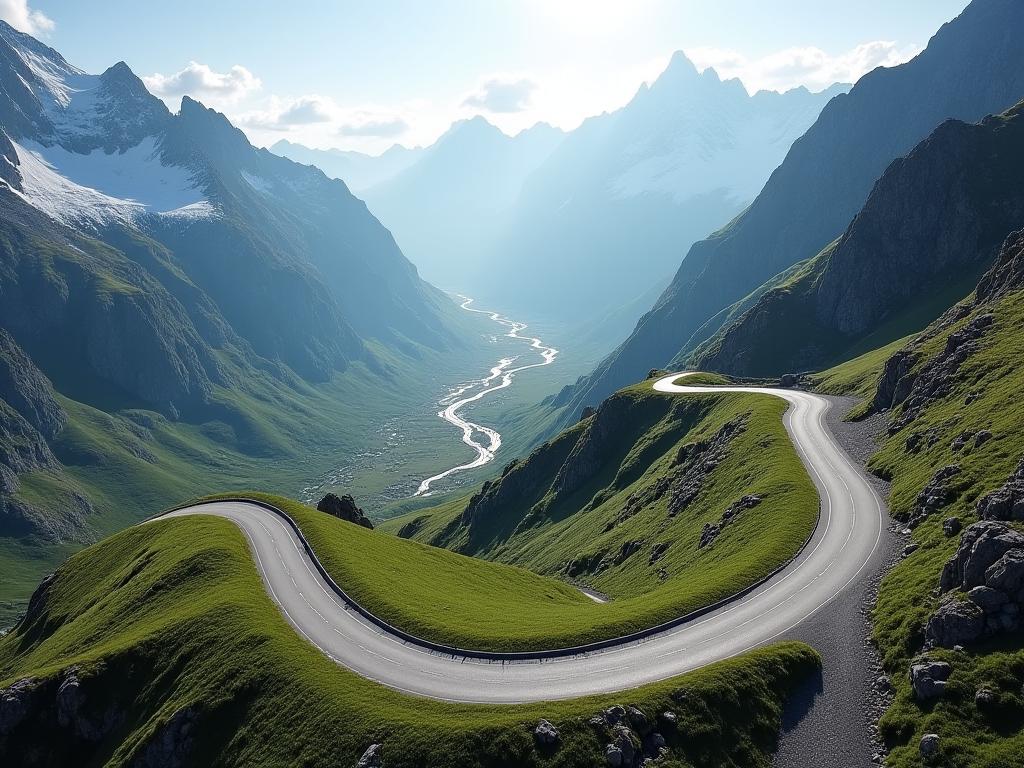 The iconic hairpin bend of the Furka Pass in the Swiss Alps.