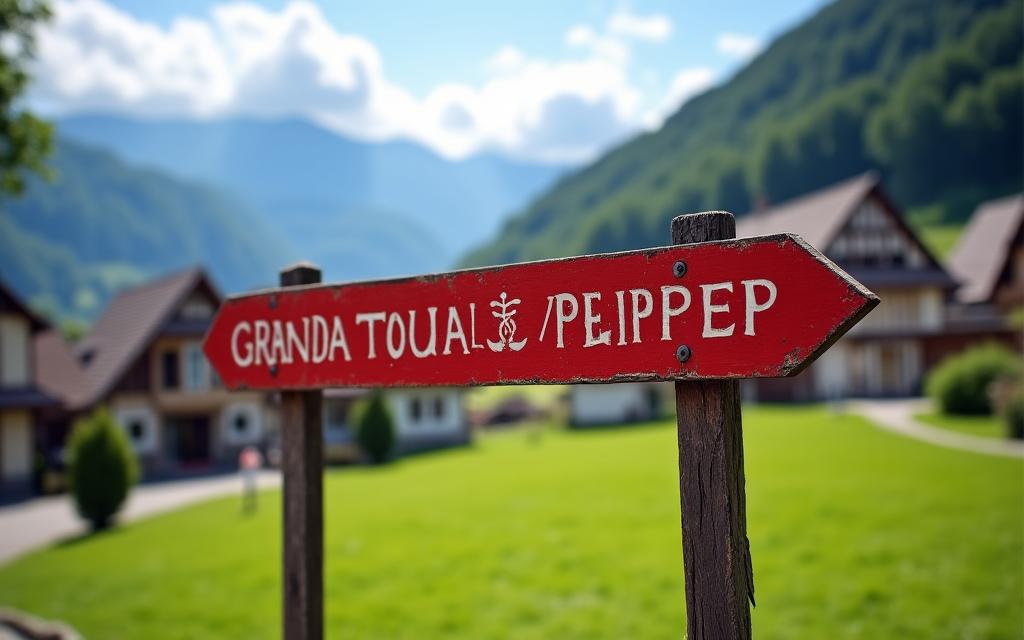 A sign for the Grand Tour of Switzerland in front of a picturesque Swiss village.