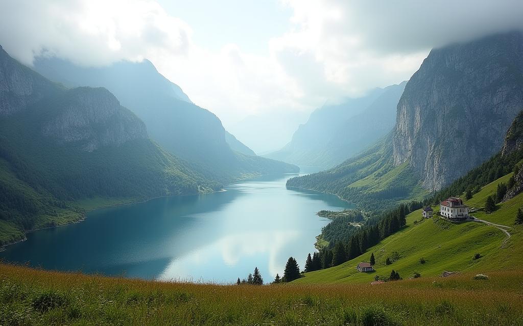 The serene lake at the summit of the Great St. Bernard Pass between Switzerland and Italy.
